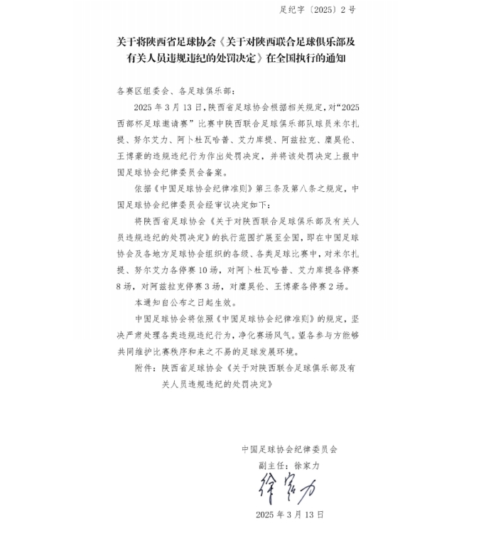 13人合計(jì)禁賽83場(chǎng)!官方:陜西&廣西兩隊(duì)處罰執(zhí)行范圍擴(kuò)大至全國