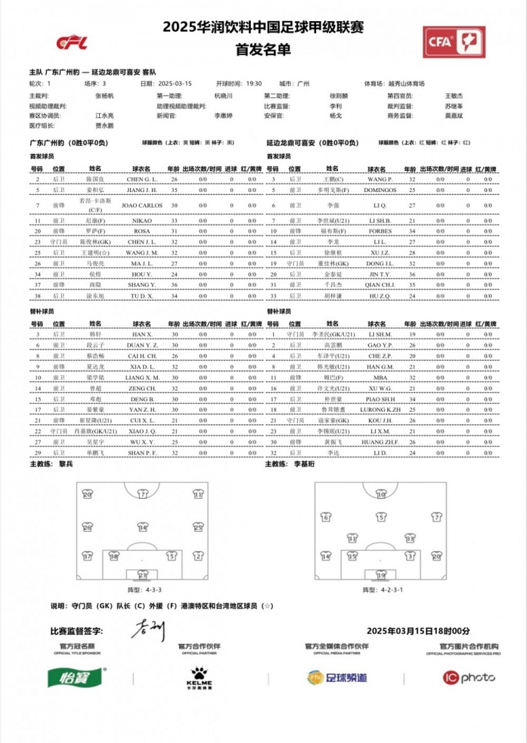 廣州豹vs延邊龍鼎首發(fā):卡洛斯、羅薩、尼康三外援領(lǐng)銜廣州豹