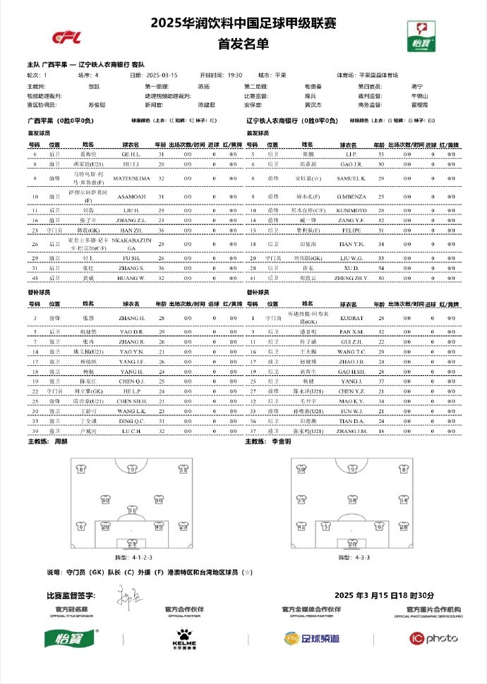 中甲-廣西平果vs遼寧鐵人首發:三外援對決三外援,安以恩出戰