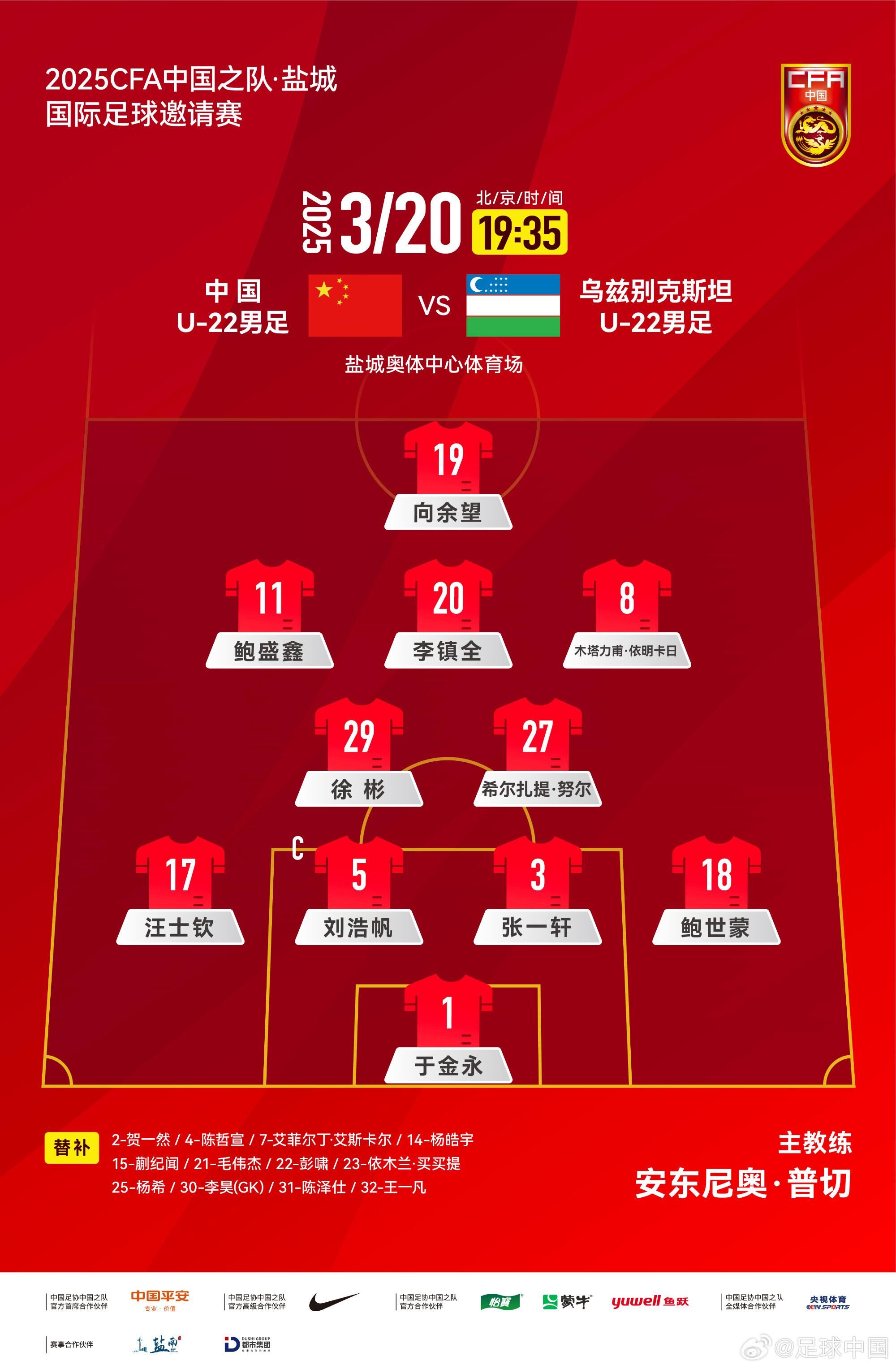 中國U-22男足VS烏茲別克斯坦U-22男足,中國隊首發名單出爐