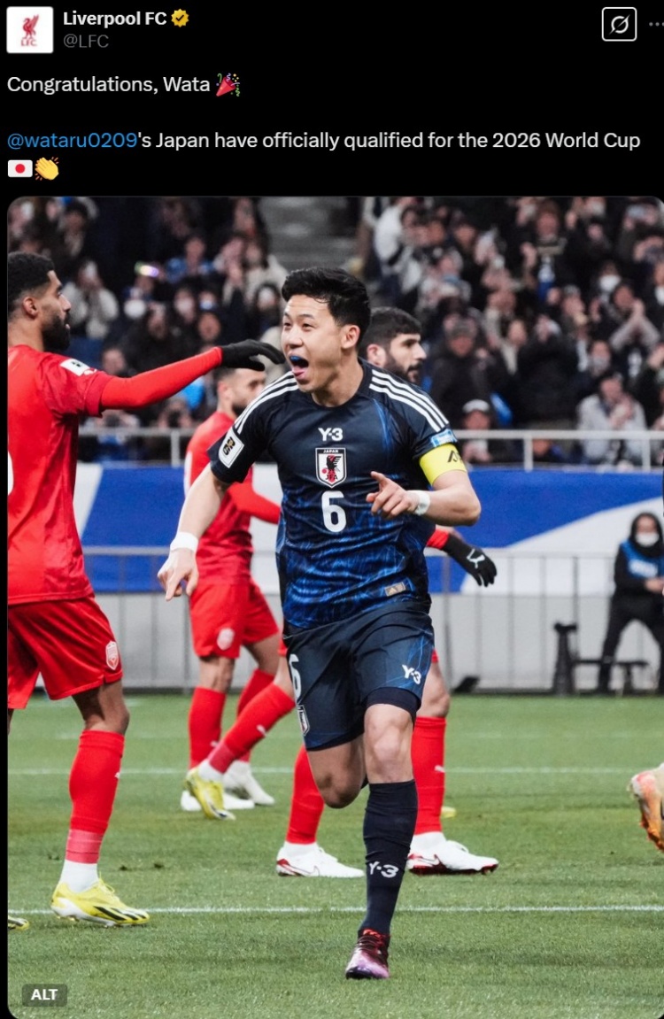 利物浦官推曬遠藤航照片,祝賀其隨日本隊提前晉級世界杯