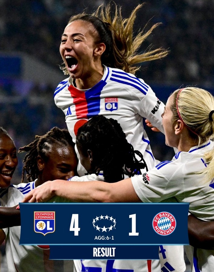 里昂女足4-1大勝拜仁女足,總比分6-1晉級女足歐冠半決賽